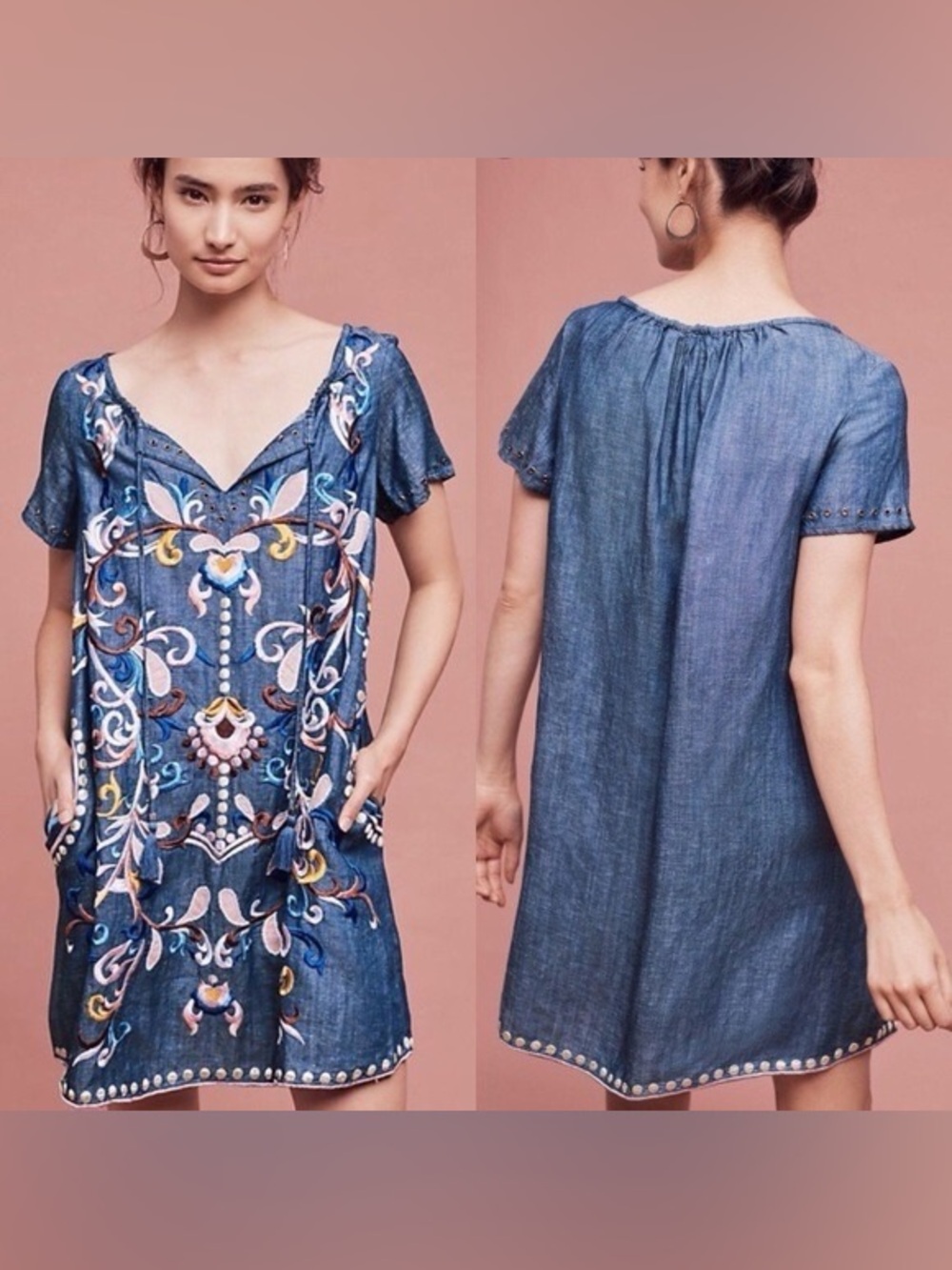 Anthropologie Holding Horses Folklore Embroidered Chambray Dress 10